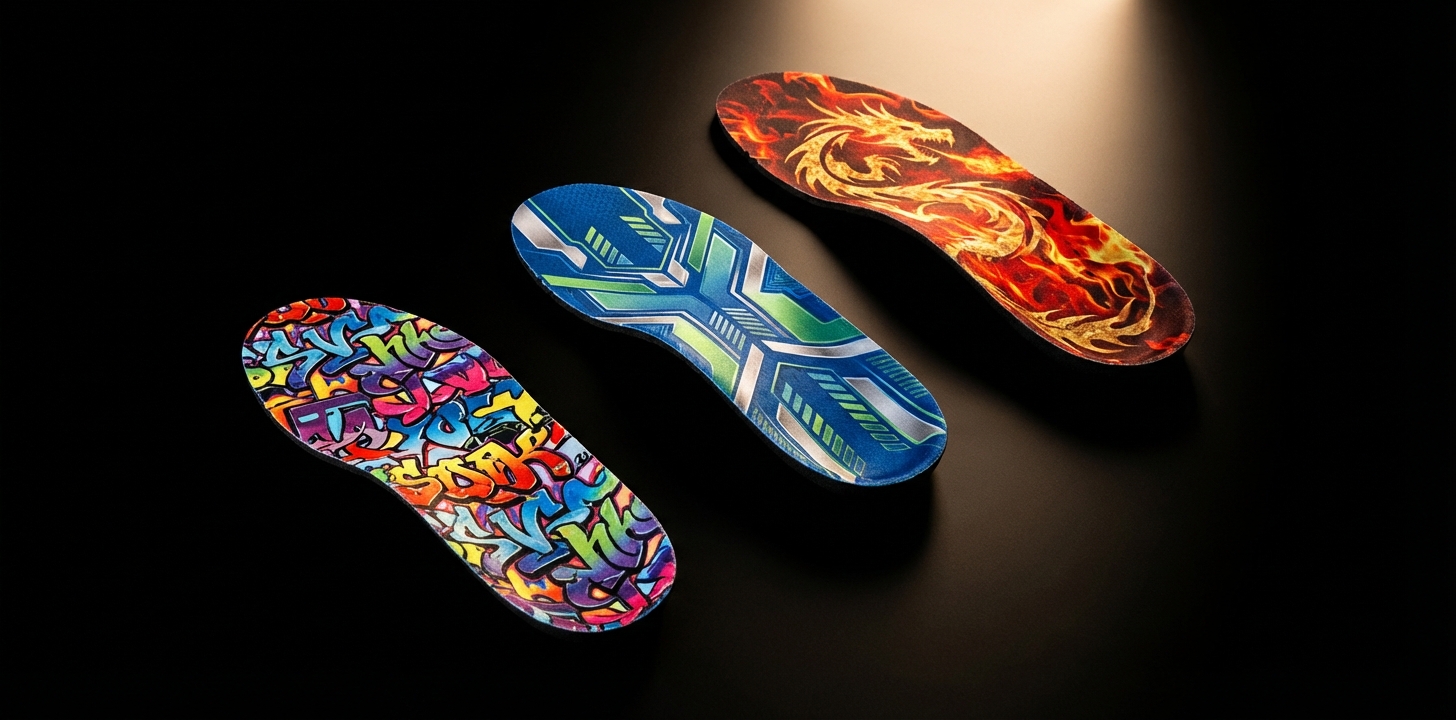 Three ARTIN insoles in increasing sizes with different designs, illustrating the Growth Club subscription