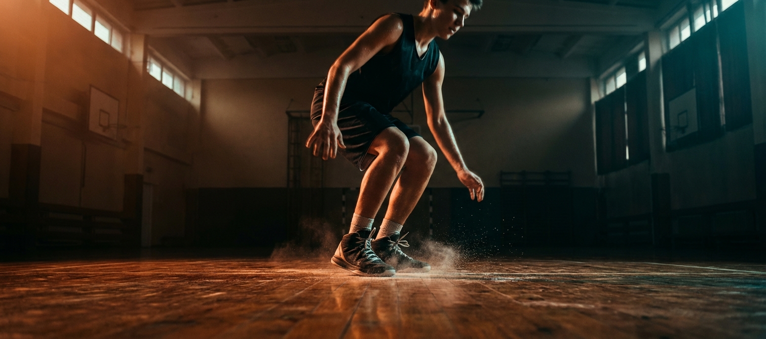 Young basketball player landing after a jump, showing impact forces on feet and ankles