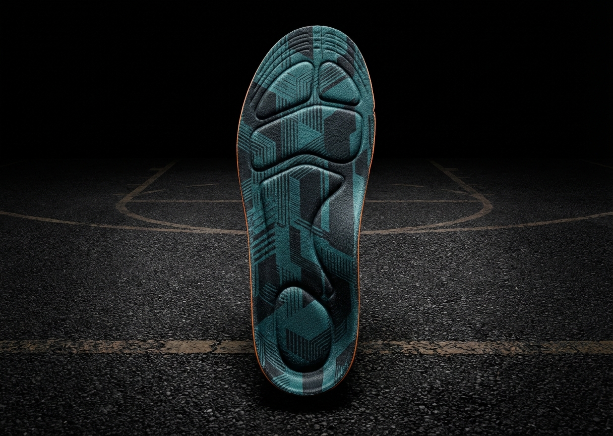 Top-down view of ARTIN custom insole with geometric design showing arch support and heel cup for basketball