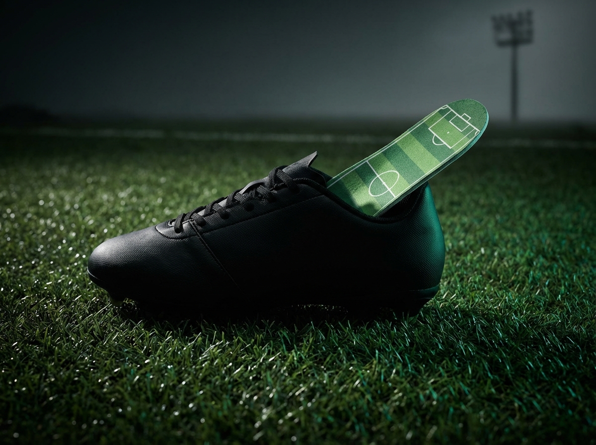 ARTIN custom insole partially removed from a football boot on grass, showing slim profile and soccer pitch design