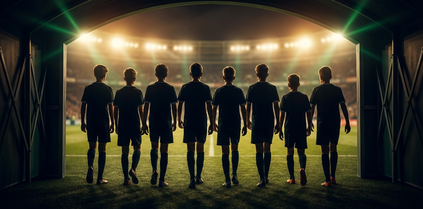 Youth football team walking onto the pitch together, viewed from behind