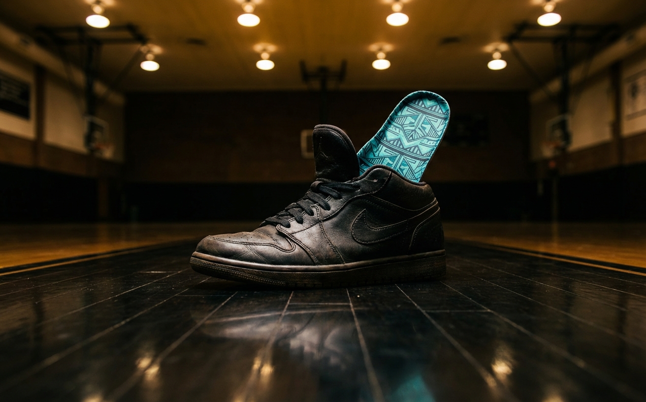 Basketball shoe on court with custom insole peeking out from the tongue