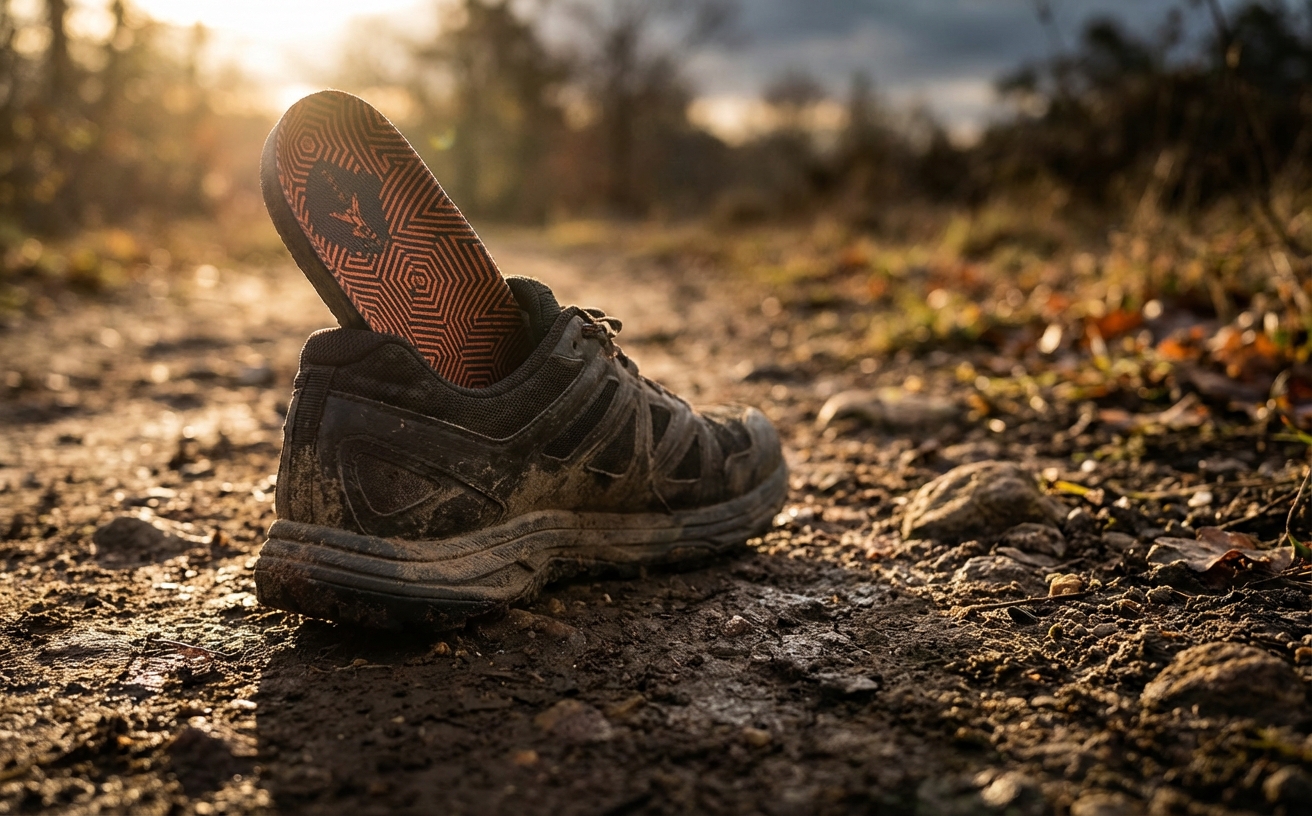 Running shoe on a trail with custom insole visible inside