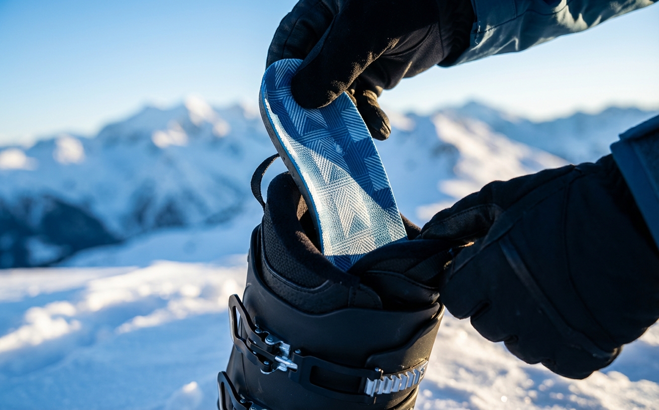 Ski boot with custom insole being inserted, snowy backdrop