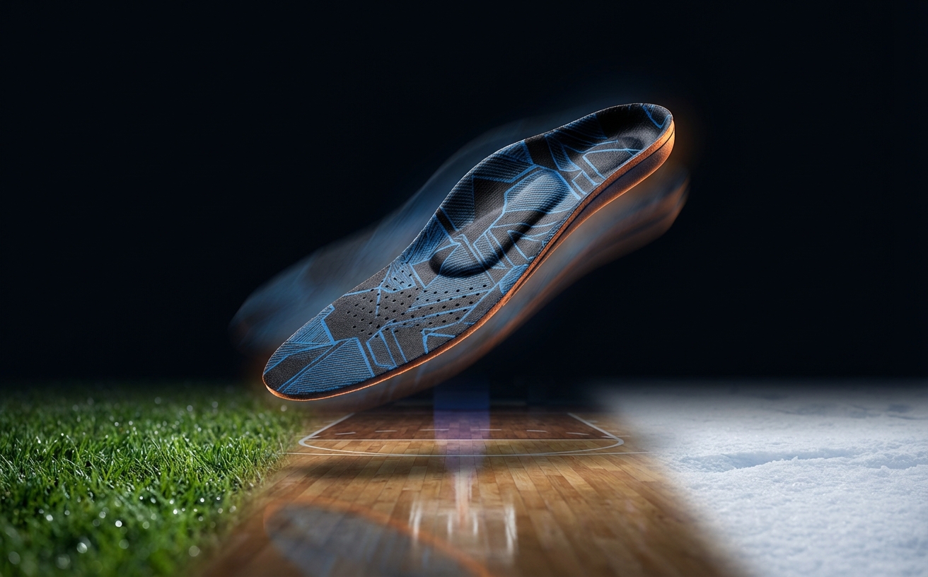 ARTIN custom insole floating dynamically with blurred sport surfaces in the background